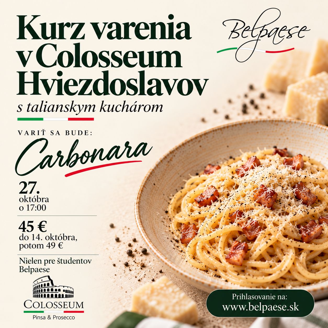 🇮🇹 Kurz pravej carbonary s talianskym šéfkuchárom Adrianom